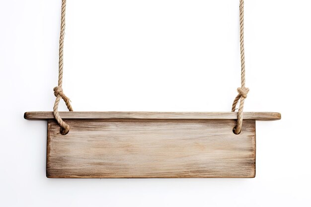 Wooden sign plain hanging from rope isolated on white background