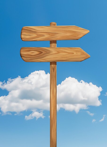 Wooden sign post isolated on blue sky with white clouds direction concept mock up template