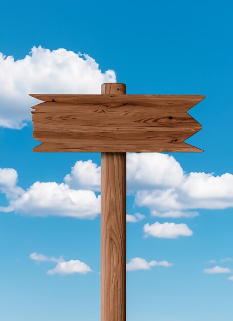 Wooden sign post isolated on blue sky with white clouds Direction concept Mock up template