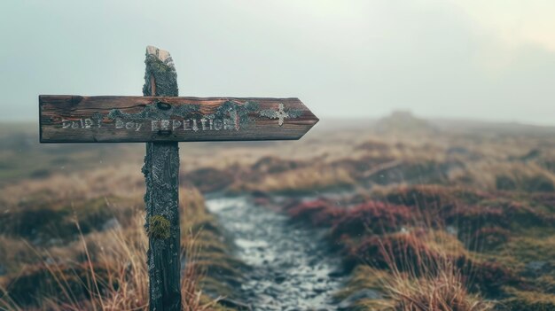 Foto wooden sign with sky cross symbol pointing right in natural landscape aig