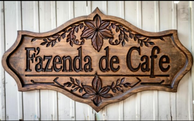 나무 에 새겨진 "Fazenda de Cafe"라는 문장 이 있는 나무 표지판