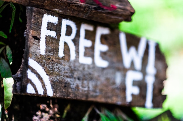 Photo wooden signboard which announces about free wifi kathmandu nepal