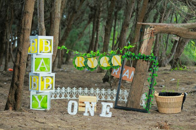 Wooden signboard with the word baby and number one letter in the forest
