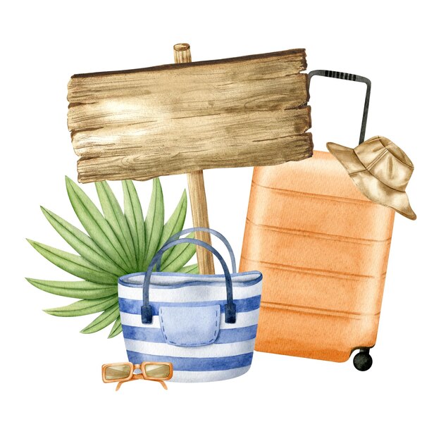 Wooden signboards Wood board with striped beach bag panama hat travel suitcase sunglasses