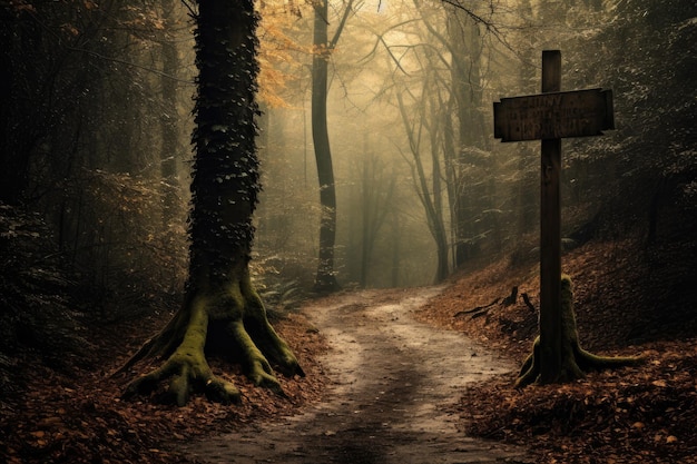 Wooden signpost in the forest with fog on the ground Showing a path splitting into two going into the woods with a blank signpost AI Generated