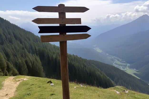 wooden signpost in the mountain