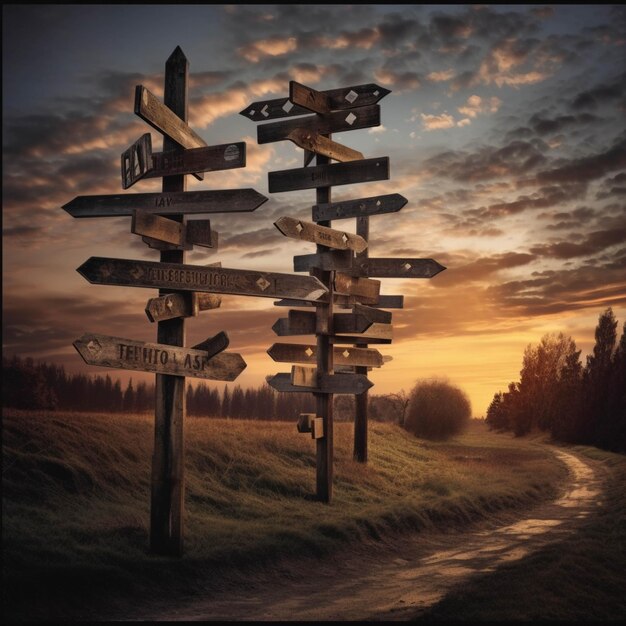 Wooden signpost on a rural road at sunset in the countryside