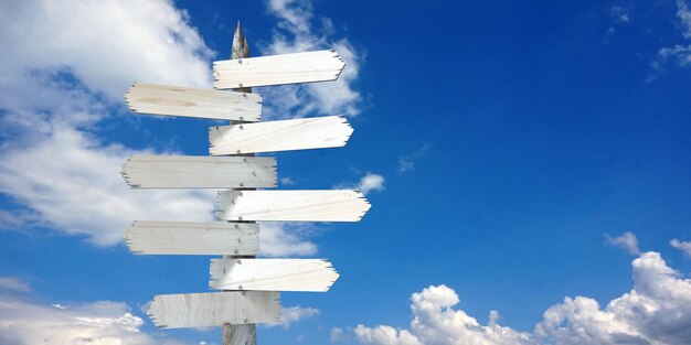 Wooden signpost with many clear arrows