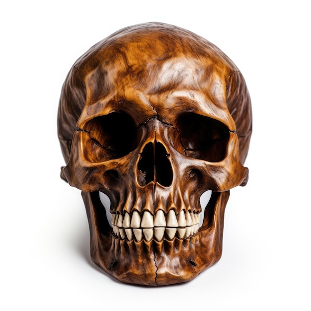 A wooden skull isolated on white background