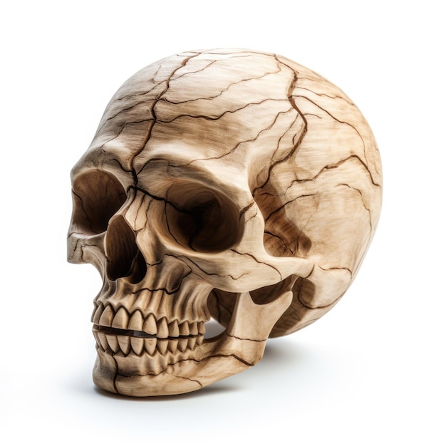 A wooden skull isolated on white background