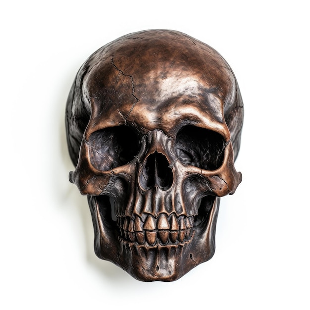 a wooden skull with a missing face is on a white background.