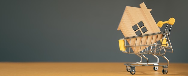 Wooden small decorative house in a shopping trolley