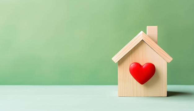 Wooden small house with red heart for happy family real estate