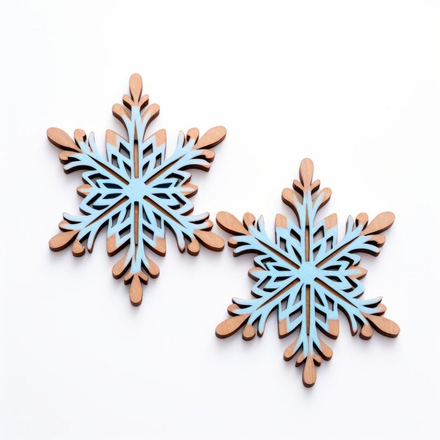 Wooden Snowflake Ornaments Blue And Brown Colors Detailed Miniatures