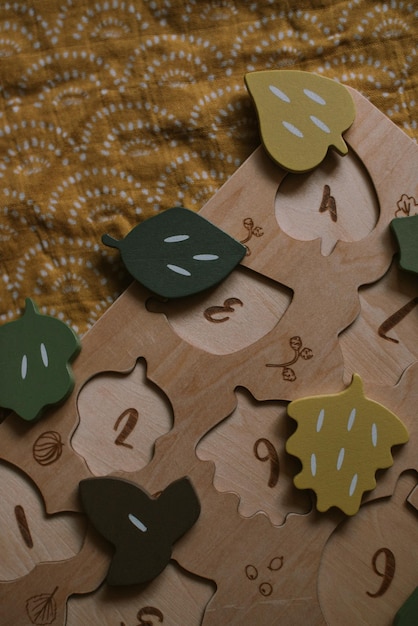 Wooden sorter with autumn leaves