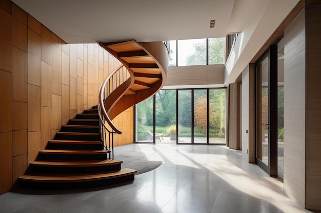 Wooden spiral staircase in a large room 3D render