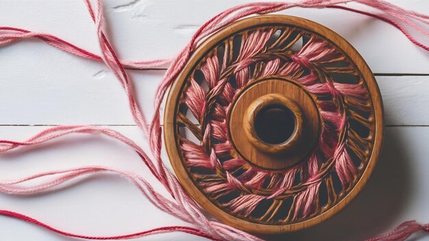 Photo wooden spool or chakri or reel or fikri with pink or white thread isolated over white background