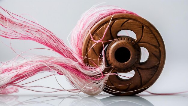 Wooden spool or chakri or reel or fikri with pink or white thread isolated over white background