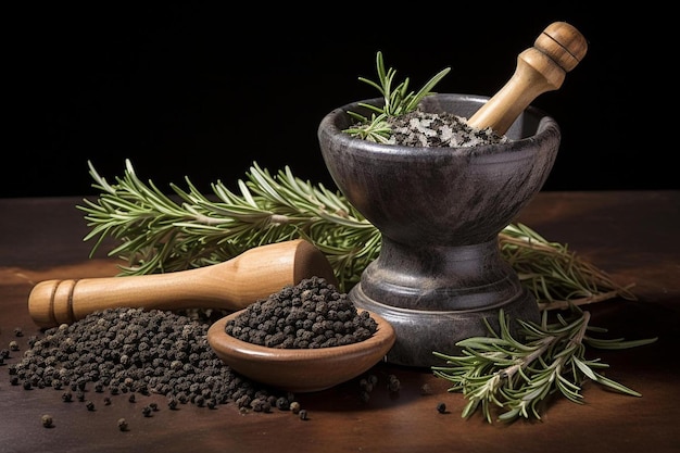 a wooden spoon and a cup of rosemary are on a table.