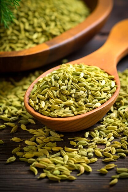 Photo wooden spoon filled with green seeds on top of table generative ai