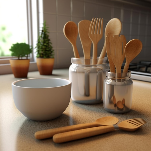 A wooden spoon and fork are on a counter next to a jar of wooden utensils.