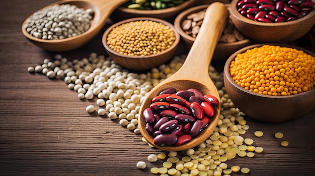 A wooden spoon full of different types of beans and lentils