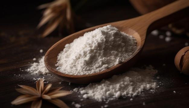 Wooden spoon heaps organic flour on table generated by AI