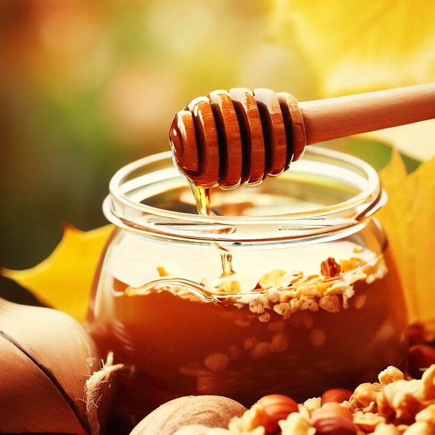 Wooden spoon inside a jar of honey with nuts and a bowl of cereal on autumn leaves blurry background