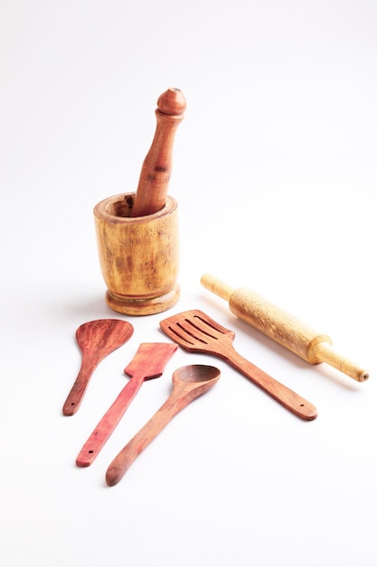wooden spoon set on white background