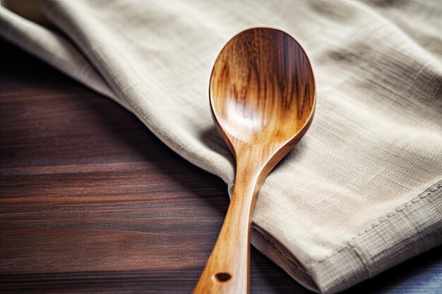 A wooden spoon sits on a table next to a white cloth.