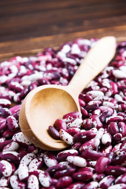 Wooden spoon and violet with dots beans on wood