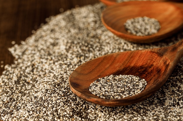 Wooden spoon with chia seeds close up