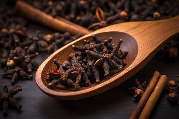 a wooden spoon with cinnamon on it and a wooden spoon on the background.