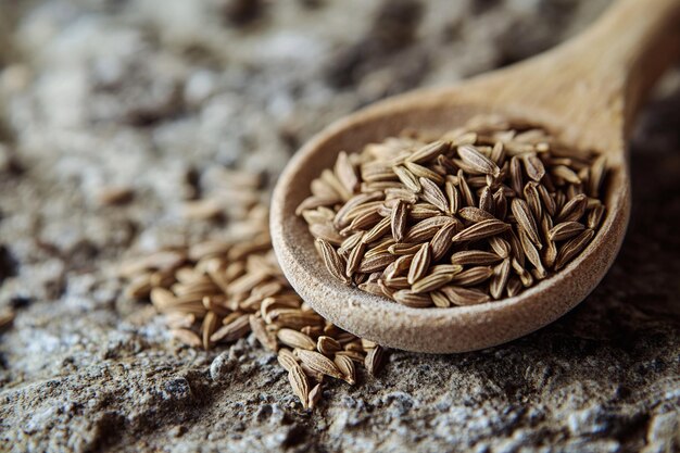 a wooden spoon with a few grains of wheat in it