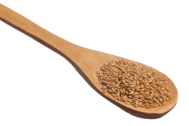 wooden spoon with food against white background