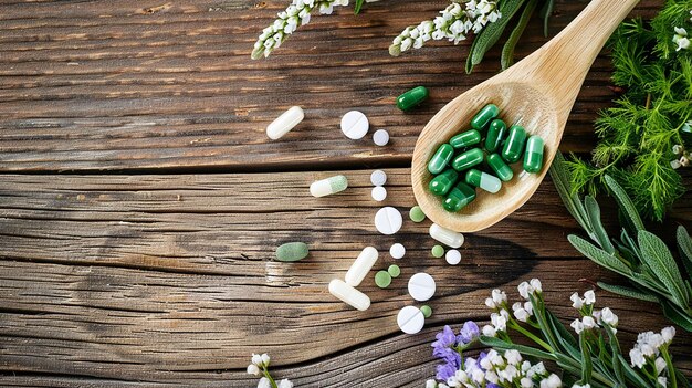 a wooden spoon with green pills and a wooden spoon with a wooden spoon on it