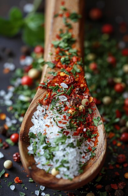 Wooden spoon with mixture of herbs and spices