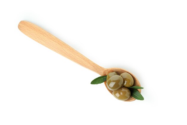 Wooden spoon with olives isolated on white isolated background