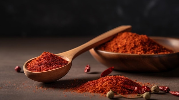 A wooden spoon with paprika next to a wooden spoon.