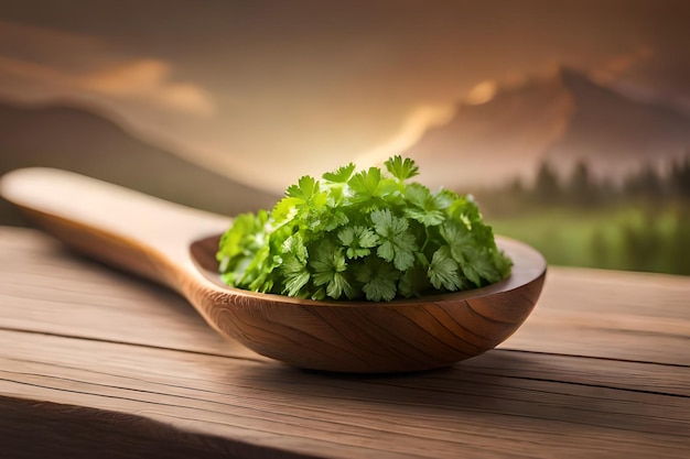 A wooden spoon with parsley on it and a mountain in the background.