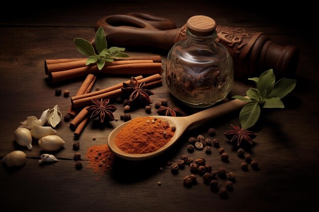 Foto cucchiaio di legno con spezie cannella e chiodi di garofano