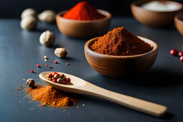 A wooden spoon with spices and spices on it