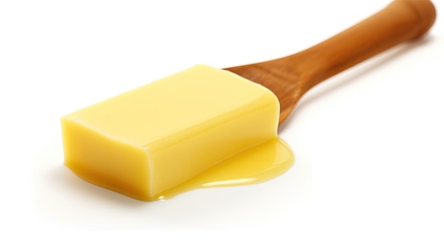 A wooden spoon with a yellow butter on it.