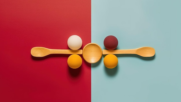 Wooden spoons and spoons on a red and blue background