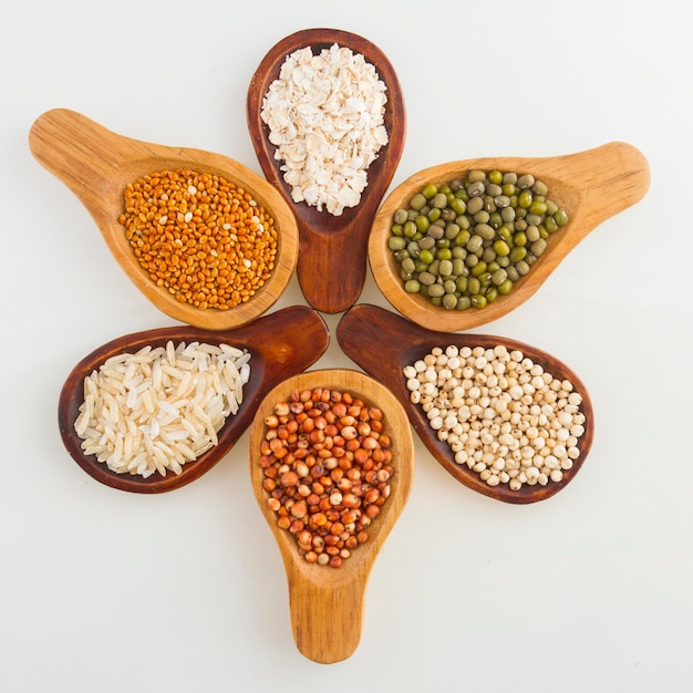 Wooden spoons with assorted grains of super foods gluten free