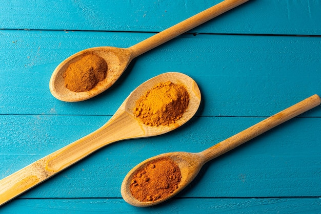 Wooden spoons with spices on a blue rustic wooden table