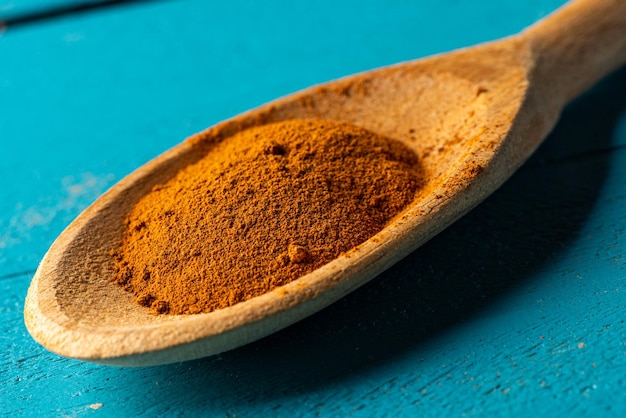 Wooden spoons with spices on a blue rustic wooden table