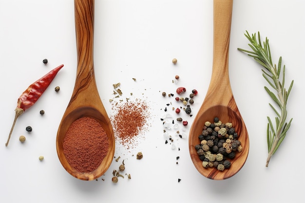 Photo wooden spoons with spices on white background