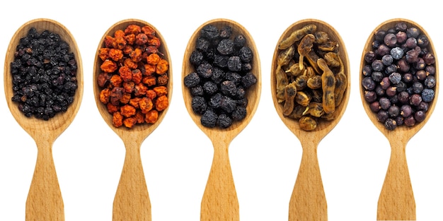 Wooden spoons with various dried berries