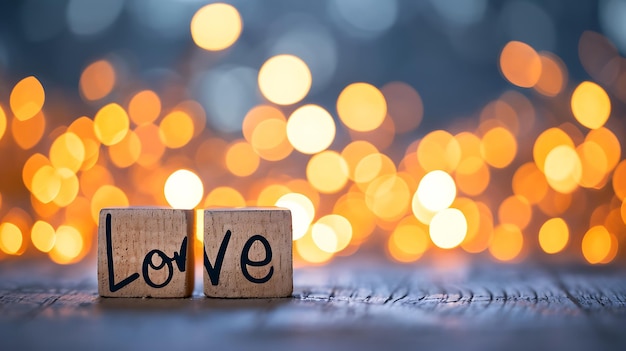 写真 背景にボケ味のライトで愛が書かれた木製の正方形